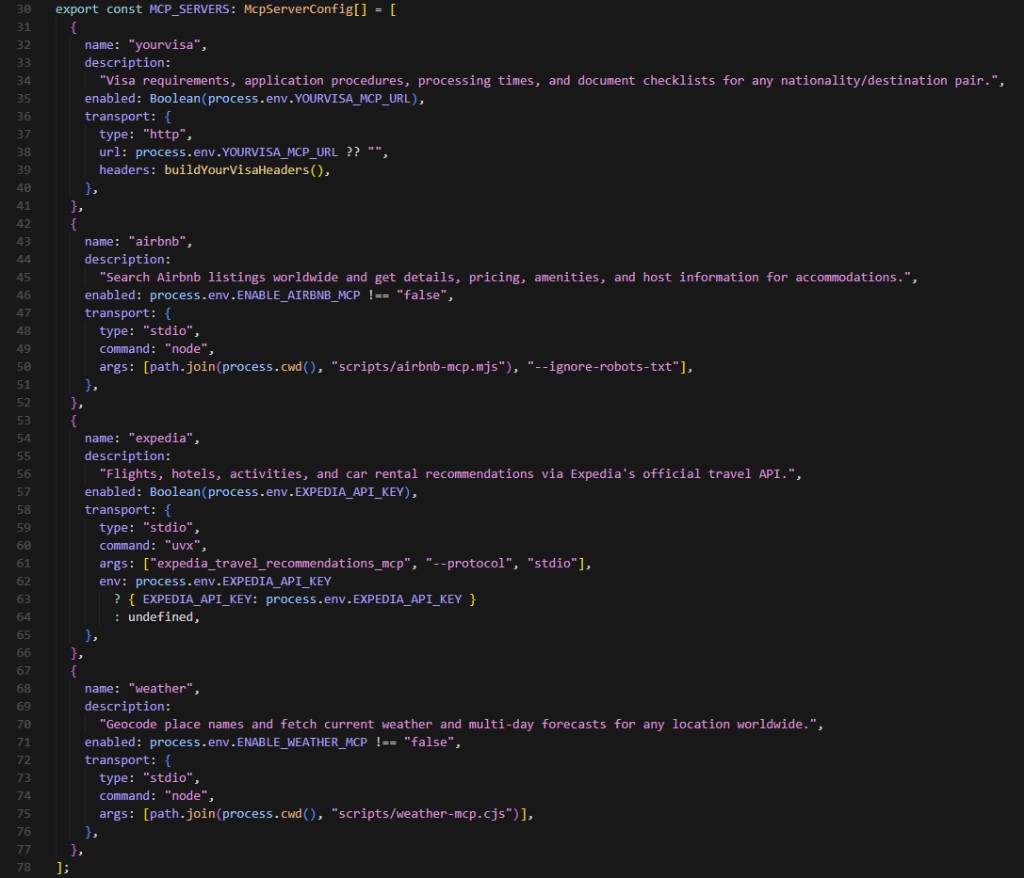 The full MCP_SERVERS array from lib/mcp-servers.ts showing YouVisa, Airbnb, Expedia, and Weather server configs