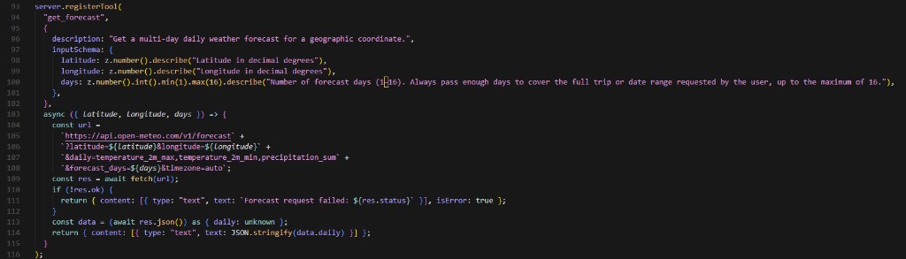 The get_forecast tool registration in scripts/weather-mcp.ts showing Zod schema, Open-Meteo API call, and response